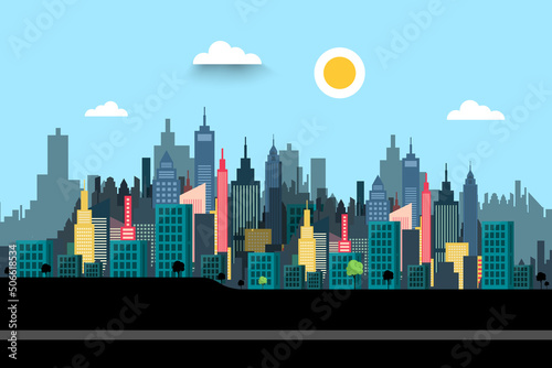 Modern city with skyscrapers on background and empty asphalt street on foreground