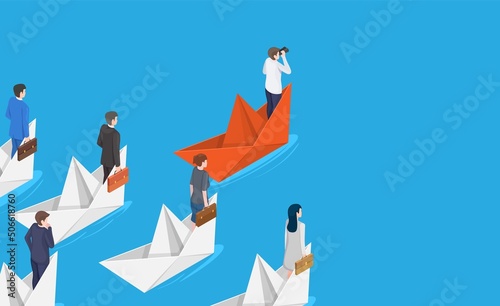 Leader and business team in paper boat vector