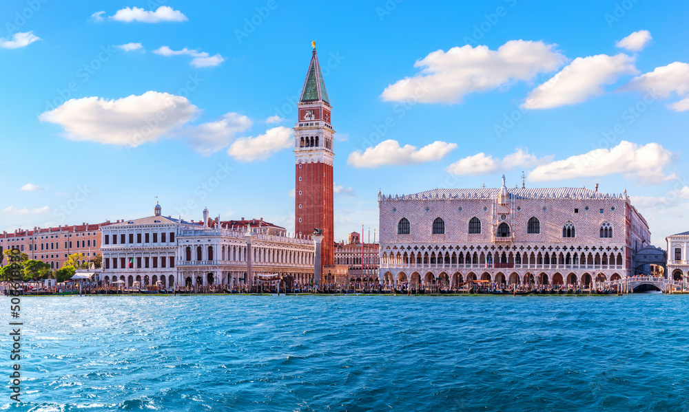 View of the San Marco and Doge's Palace from Venice lagoon, the main place of visit, Italy