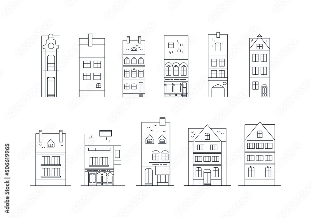House neighborhood line icons. City street buildings design element. Line style.