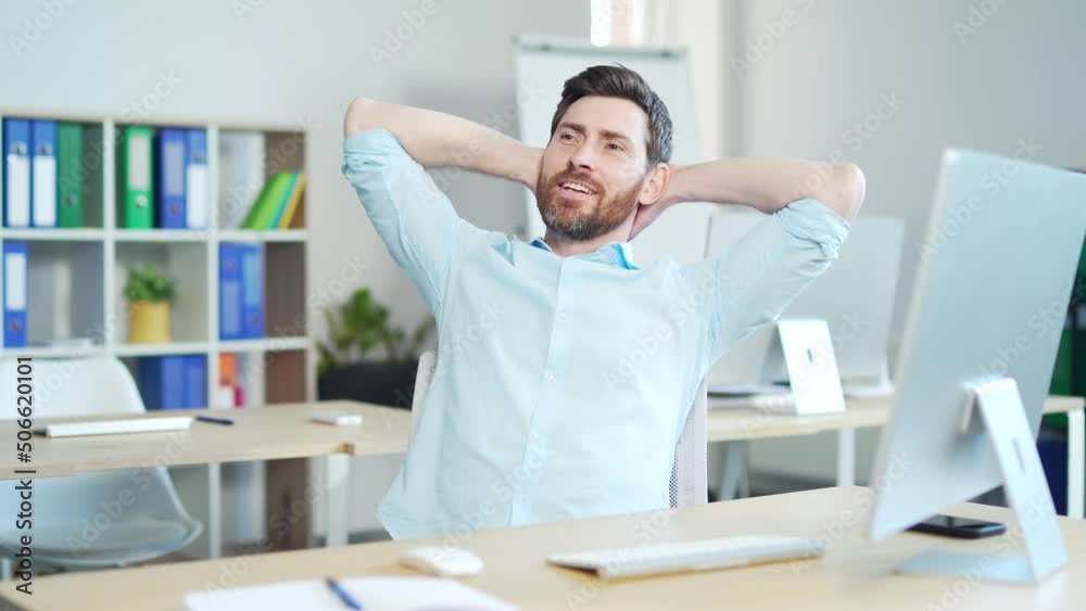 Employee job done Satisfied office worker leaning back businessman relaxing after hard working day finished project on computer stretching at workplace Smiling happy ceo eyes closed dreams of vacation