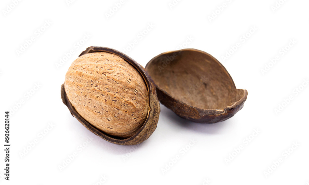 Whole & and nutmeg on white background Whole & and nutmeg on white background