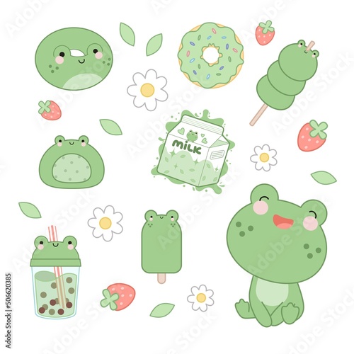 Frog set. Cute frog in kawaii style and different desserts and drinks.