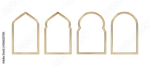 Set arabic golden arch isolated. 3D render islam architecture shape for muslim holidays. Design elements door, frame,window. Realistic vector illustration.