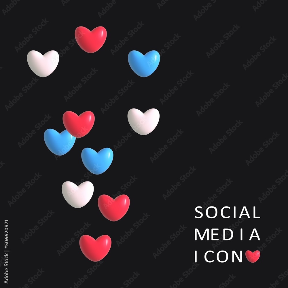 Flying likes for live streaming on black background. Set red, blue and white hearts isolated . Social media icon template vector illustration.