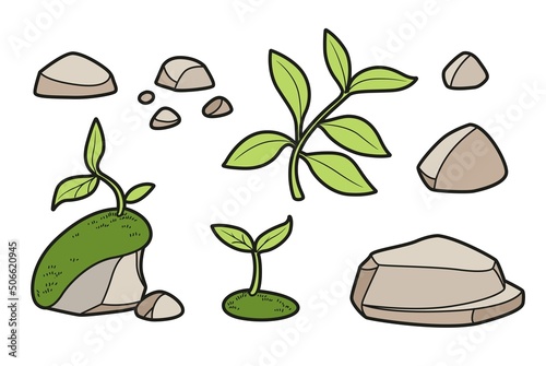 Set of stones and moss and sprouts growing on them color variation for coloring page isolated on white background