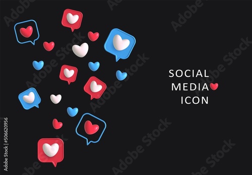 Social media icon vector illustration. Message love box,follow, button,pin, like favorite 3d element. Flying likes for live streaming on black background. Set red, blue and white hearts isolated .