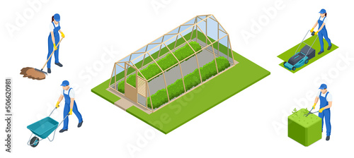 Isometric gardeners, farmers and workers caring for the garden, growing agricultural products. Rows of plants growing inside big industrial greenhouse. Industrial agriculture.