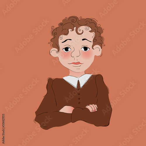 curly boy with crossed arms in a brown sweater with a white collar