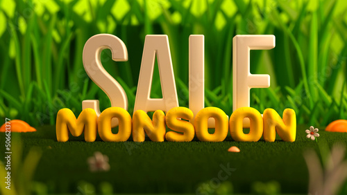 3D Monsoon Sale Font Against Green Nature Background. Advertising Banner Design.