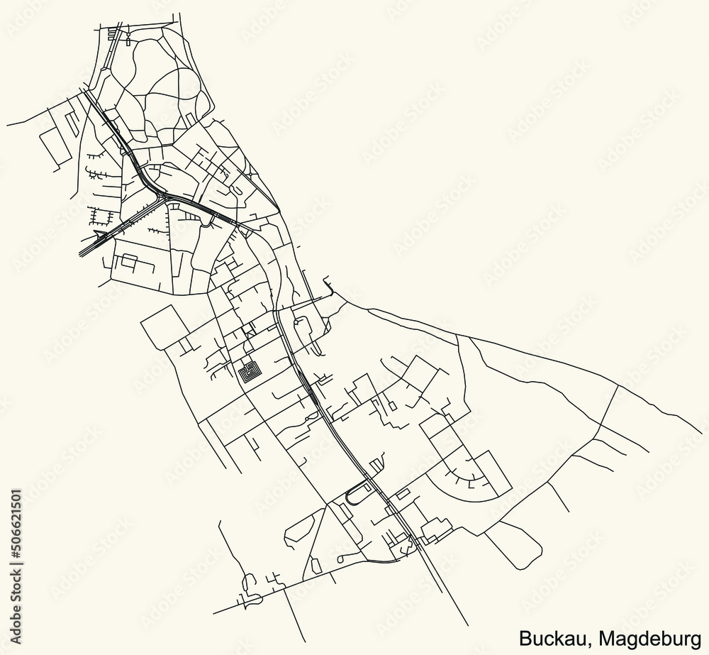 Detailed navigation black lines urban street roads map of the BUCKAU DISTRICT of the German regional capital city of Magdeburg, Germany on vintage beige background