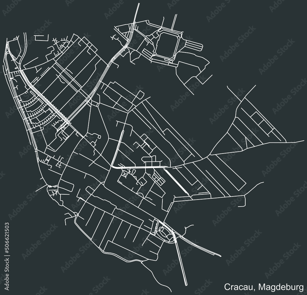 Detailed negative navigation white lines urban street roads map of the CRACAU DISTRICT of the German regional capital city of Magdeburg, Germany on dark gray background