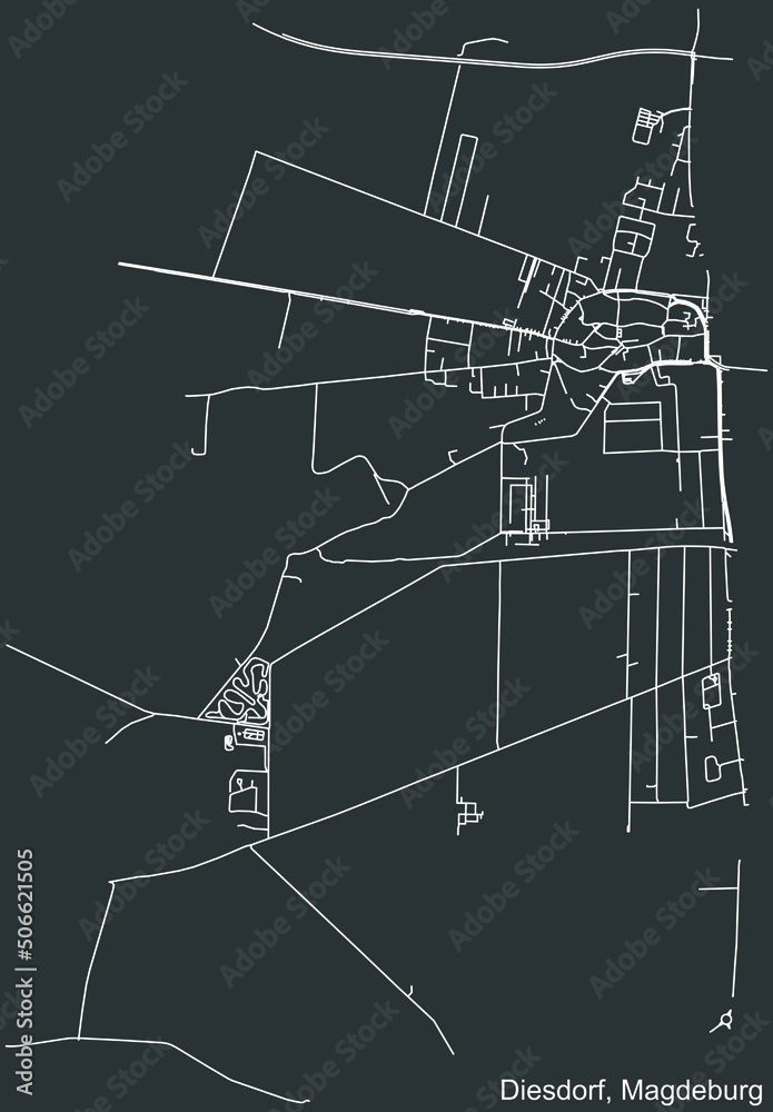 Detailed negative navigation white lines urban street roads map of the DIESDORF DISTRICT of the German regional capital city of Magdeburg, Germany on dark gray background