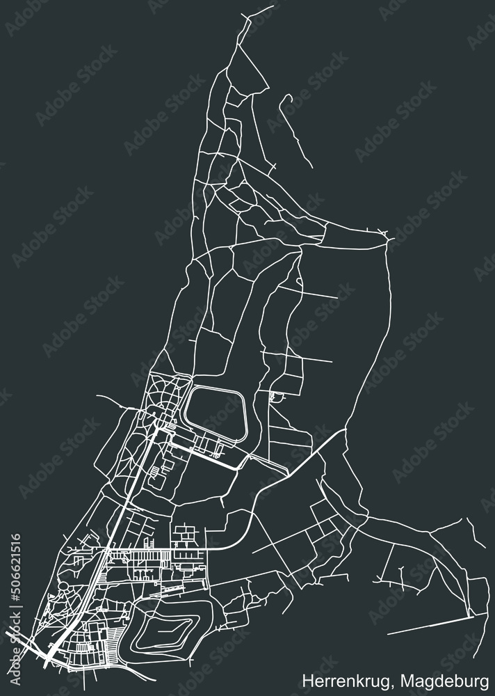 Detailed negative navigation white lines urban street roads map of the HERRENKRUG DISTRICT of the German regional capital city of Magdeburg, Germany on dark gray background