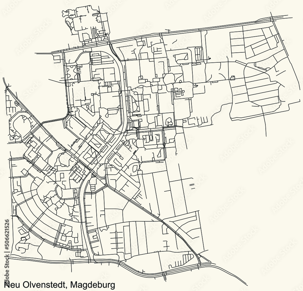 Fototapeta premium Detailed navigation black lines urban street roads map of the NEU OLVENSTEDT DISTRICT of the German regional capital city of Magdeburg, Germany on vintage beige background