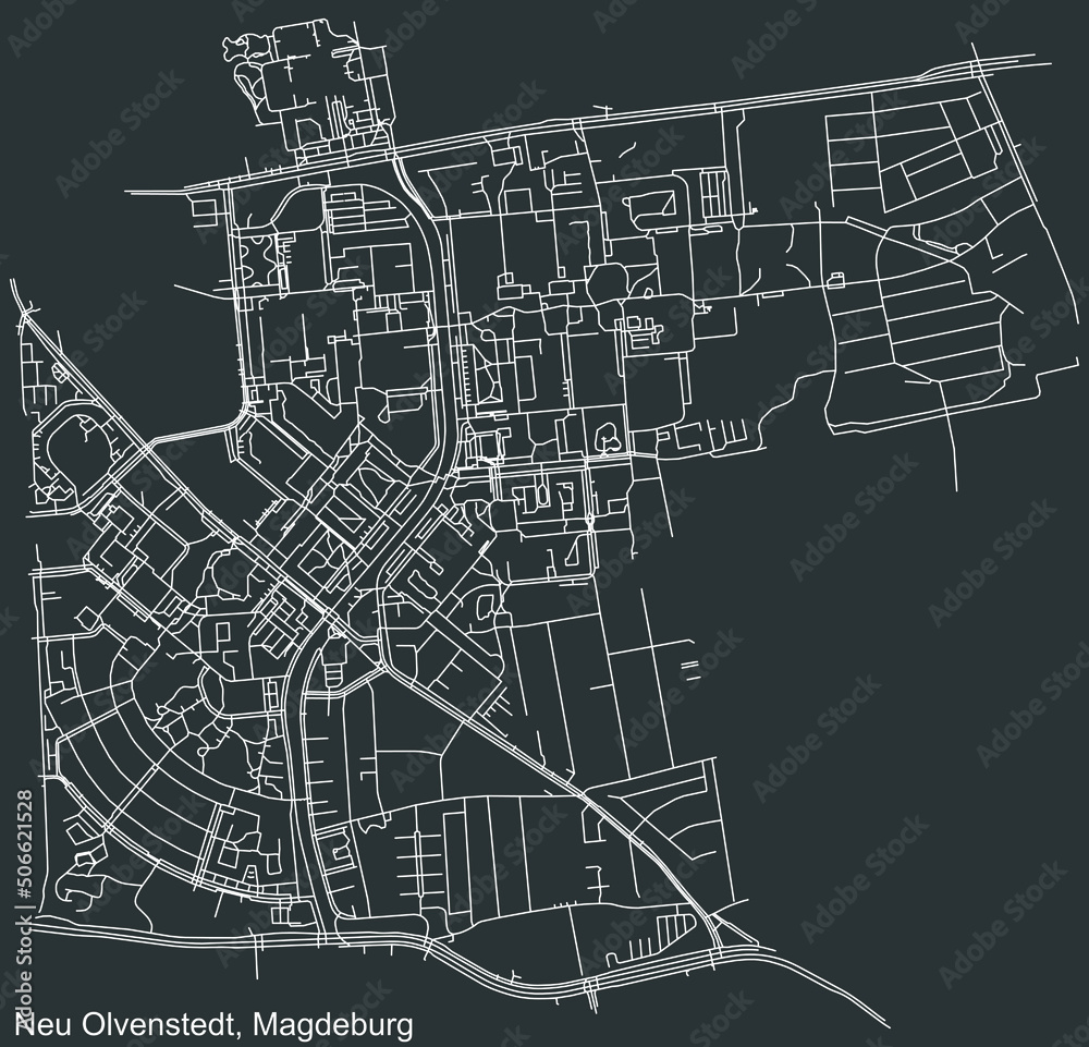 Detailed negative navigation white lines urban street roads map of the NEU OLVENSTEDT DISTRICT of the German regional capital city of Magdeburg, Germany on dark gray background