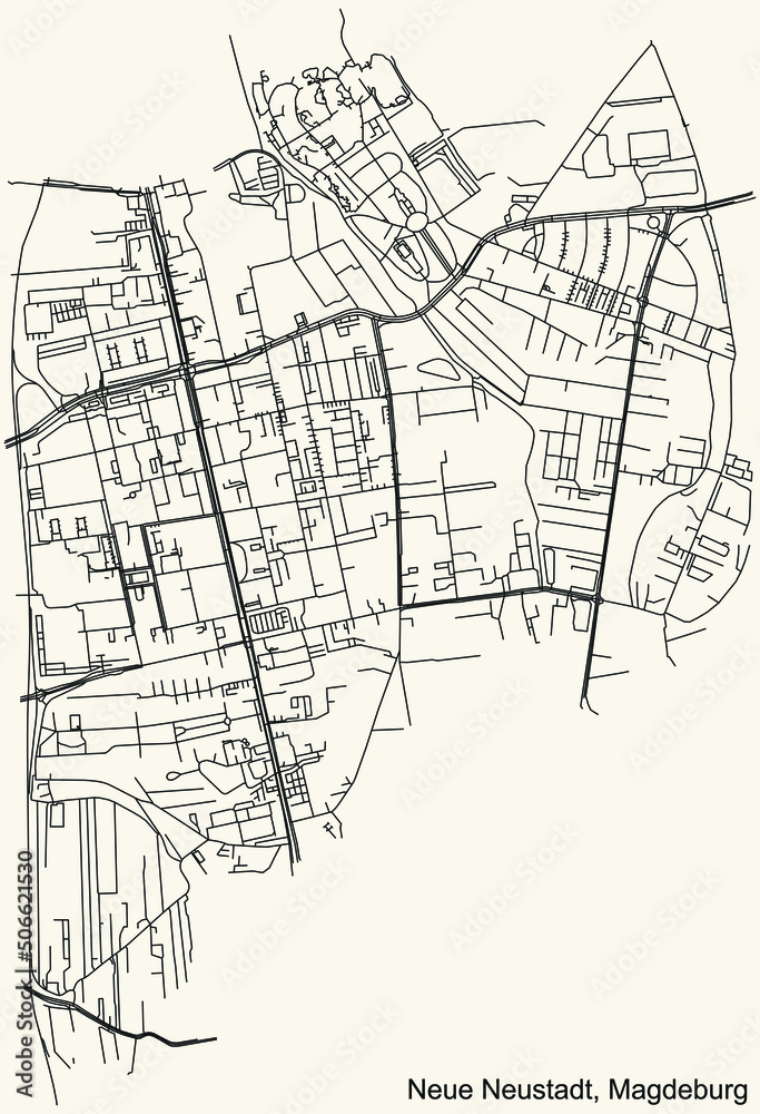 Detailed navigation black lines urban street roads map of the NEUE NEUSTADT DISTRICT of the German regional capital city of Magdeburg, Germany on vintage beige background