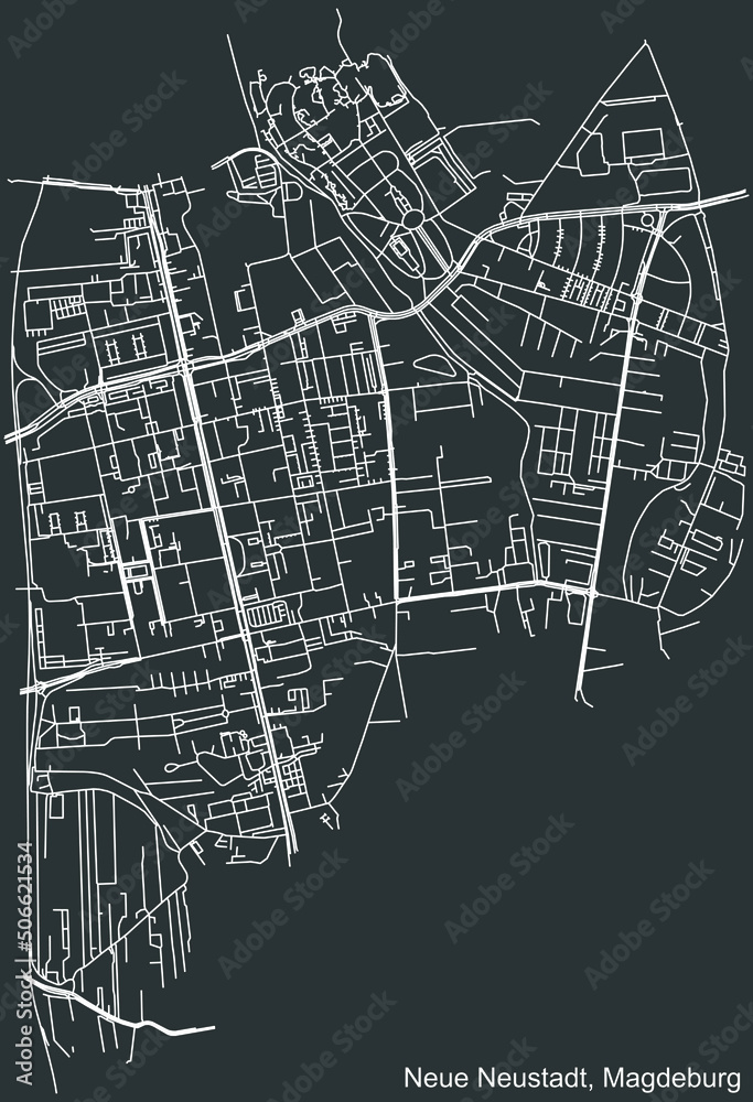 Detailed negative navigation white lines urban street roads map of the NEUE NEUSTADT DISTRICT of the German regional capital city of Magdeburg, Germany on dark gray background
