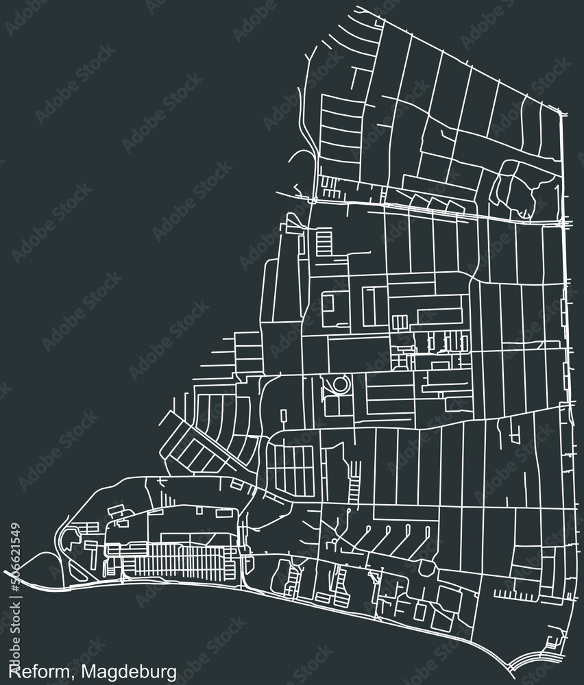 Detailed negative navigation white lines urban street roads map of the REFORM DISTRICT of the German regional capital city of Magdeburg, Germany on dark gray background