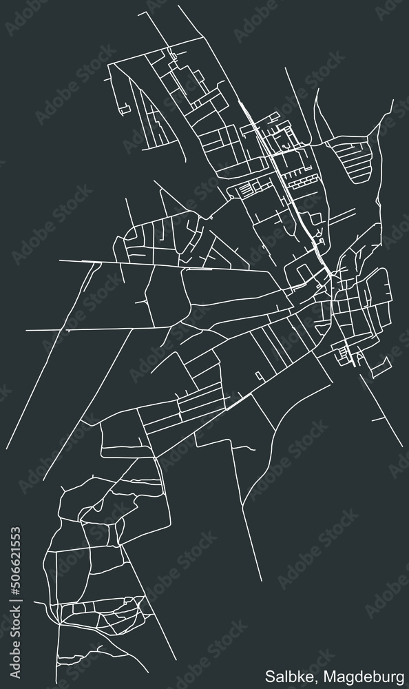 Detailed negative navigation white lines urban street roads map of the SALBKE DISTRICT of the German regional capital city of Magdeburg, Germany on dark gray background
