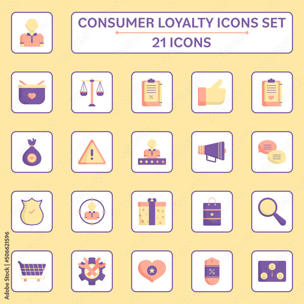 Colorful Consumer Loyalty Square Icon Set in Flat Style. Colorful Consumer Loyalty Square Icon Set in Flat Style.