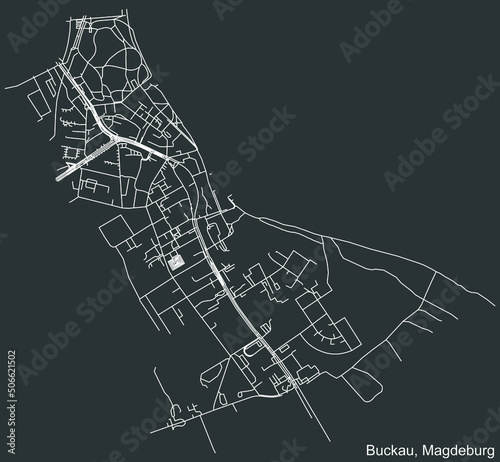 Detailed negative navigation white lines urban street roads map of the BUCKAU DISTRICT of the German regional capital city of Magdeburg, Germany on dark gray background