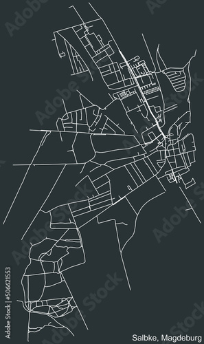 Detailed negative navigation white lines urban street roads map of the SALBKE DISTRICT of the German regional capital city of Magdeburg, Germany on dark gray background