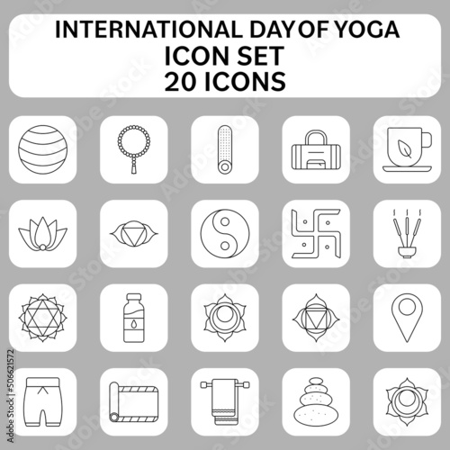Illustration Of International Yoga Day 20 Icon Set In Thin Line Art.