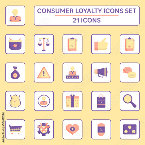 Colorful Consumer Loyalty Square Icon Set in Flat Style.