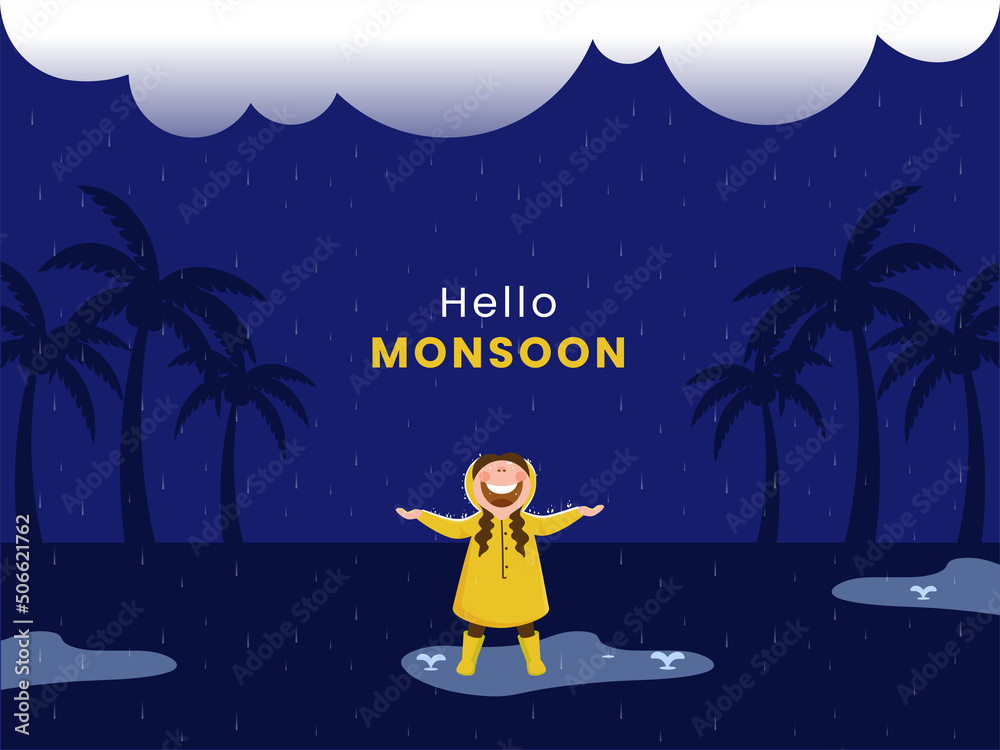 Hello Monsoon Background With Cheerful Young Girl Enjoying Rainfall And Silhouette Coconut Trees.