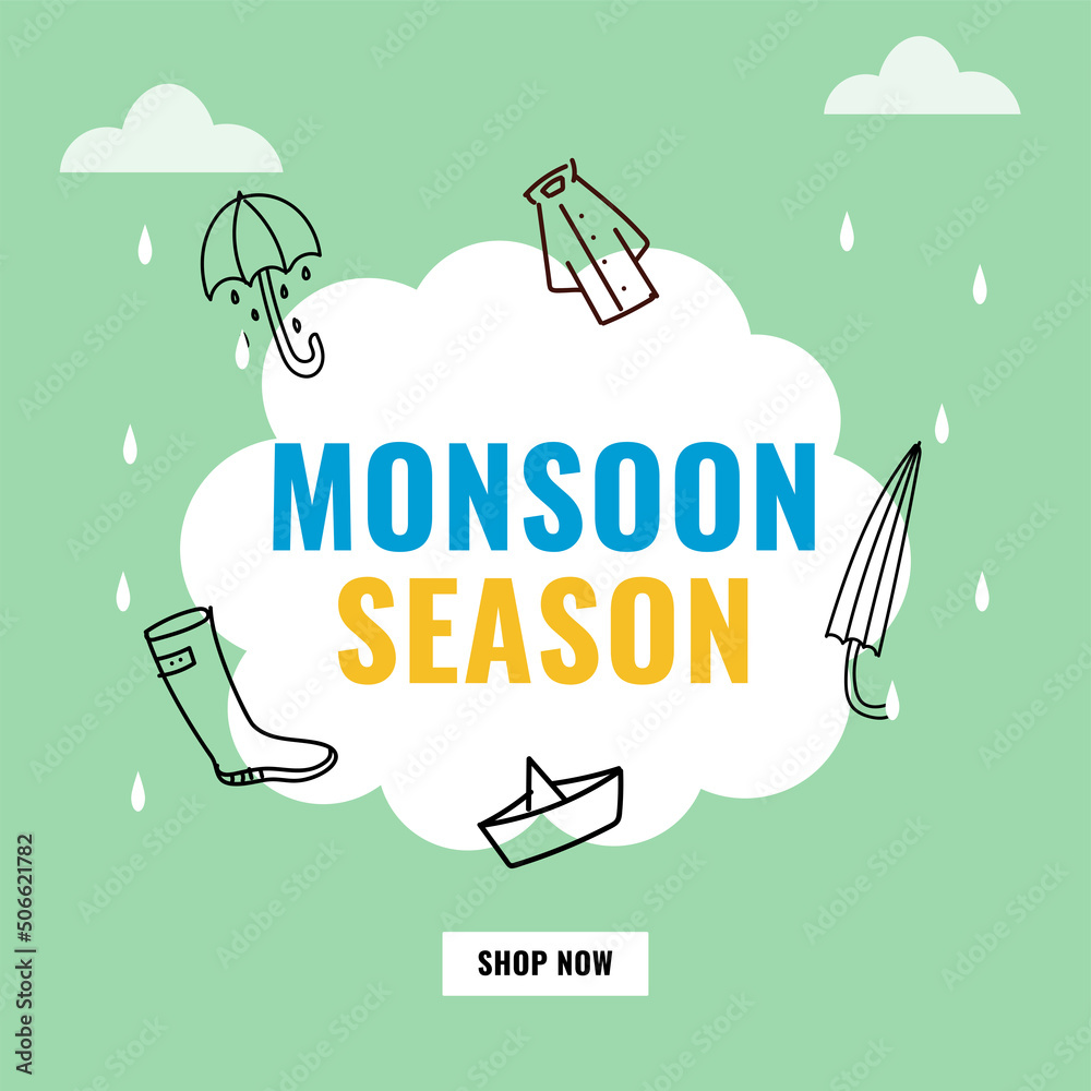 Monsoon Season Sale Poster Design With Linear Umbrella, Raincoat, Boot ...