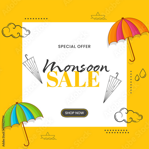 Monsoon Sale Poster Design Decorated With Umbrella, Drops, Paper Boat, Clouds On White And Chrome Yellow Background.