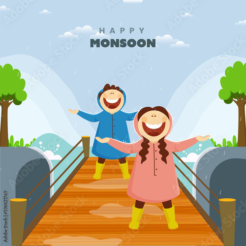 Hello Monsoon Background With Cheerful Young Girl And Boy Enjoying Rainfall At Bridge.