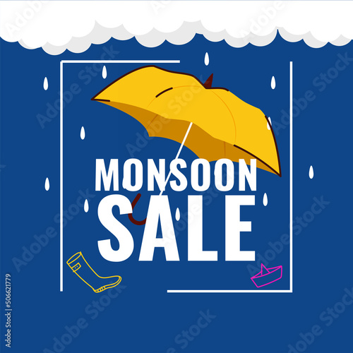 Monsoon Sale Poster Design With Umbrella, Boat, Paper Boat, Water Drops On White And Blue Background.