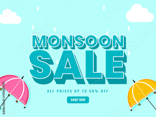 UP TO 50% Off For Monsoon Sale Poster Design With Umbrella, Drops And Clouds.