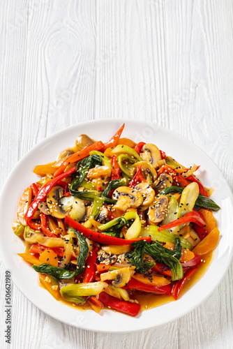 Stir Fry Vegetables on white plate  top view
