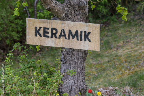 Stockholm, Sweden, A wooden sign in Swedish says Keramik, or Ceramics.