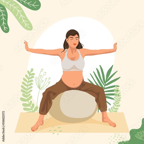 Young Pregnant girl doing Yoga exercises on a Fit Ball. Stability Ball exercises. Working out and fitness, Pregnancy concept. Flat vector illustration.