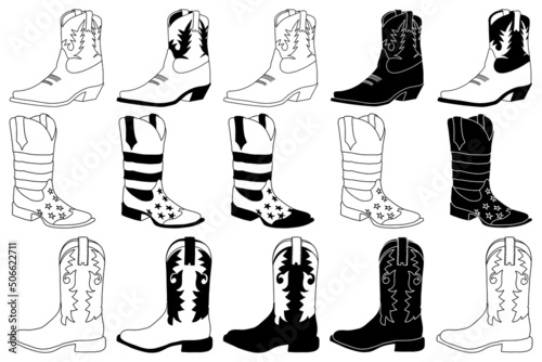 Set of american cowboy boots, silhouettes collection, vector photo