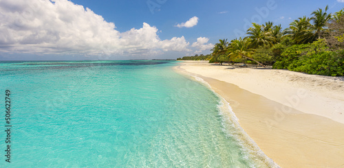 Fototapeta Naklejka Na Ścianę i Meble -  Island palm tree sea sand beach. Exotic beach landscape. Inspire tropical beach seascape horizon. Sunny blue sky beautiful relax calm summer mood. Vacation travel holiday banner, luxury destination