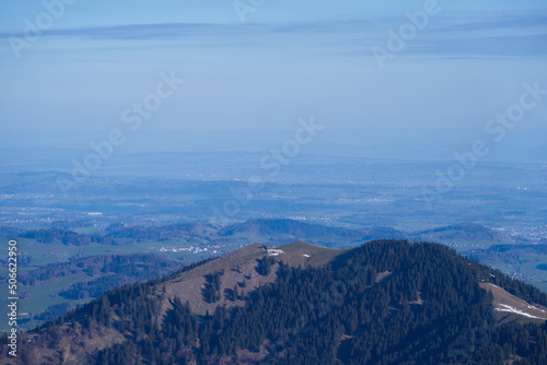 Panoramic landscape with rocks and hills seen from S  ntis peak at Alpstein Mountains on a sunny spring day. Photo taken April 19th  2022  S  ntis  Switzerland.