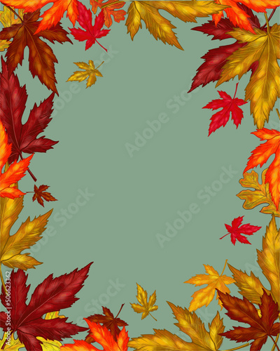 Autumn Frame background of bright autumn leaves and berries  copy space  illustration  hand drawing  vector