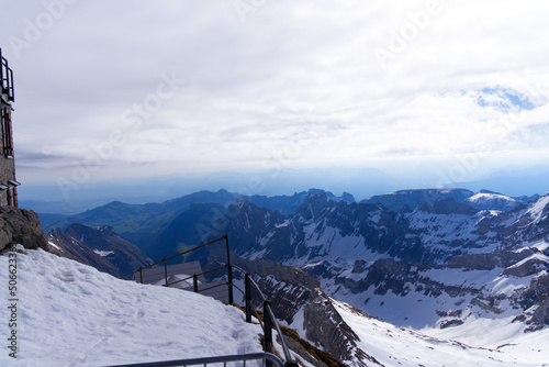 Aerial view over the Swiss Alps seen from Säntis peak at Alpstein Mountains on a sunny spring day. Photo taken April 19th, 2022, Säntis, Switzerland. © Michael Derrer Fuchs