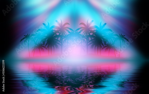 Fototapeta Naklejka Na Ścianę i Meble -  Silhouettes of tropical palm trees against an abstract background with a dark cloud. Reflection of palm trees in the water. Geometric figure in neon glow. Beach party. 3d illustration