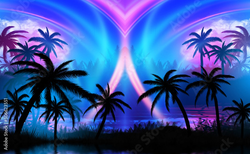 Silhouettes of tropical palm trees against an abstract background with a dark cloud. Reflection of palm trees in the water. Geometric figure in neon glow. Beach party. 3d illustration © Laura Сrazy