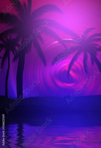 Silhouettes of tropical palm trees against an abstract background with a dark cloud. Reflection of palm trees in the water. Geometric figure in neon glow. Beach party. 3d illustration © Laura Сrazy