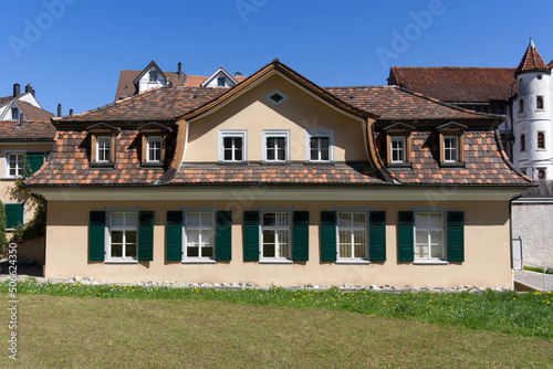 Historic house facade at the old town of St. Gallen on a sunny spring day. Photo taken April 19th, 2022, St. Gallen, Switzerland.