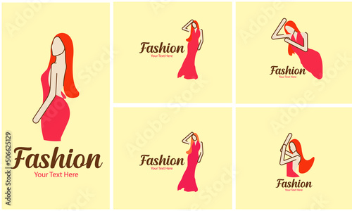 The model with a boutique logo, fashion, woman, red dress, long hair, abstract, minimalist, vector, digital art