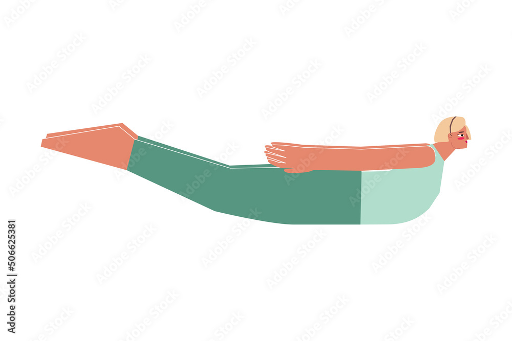 Vector concept with flat young adult female character. Sportive blonde woman learns posture with backbend and does Salabhasana at yoga class. Fitness exercise for beginners - locust pose Vector concept with flat young adult female character. Sportive blonde woman learns posture with backbend and does Salabhasana at yoga class. Fitness exercise for beginners - locust pose