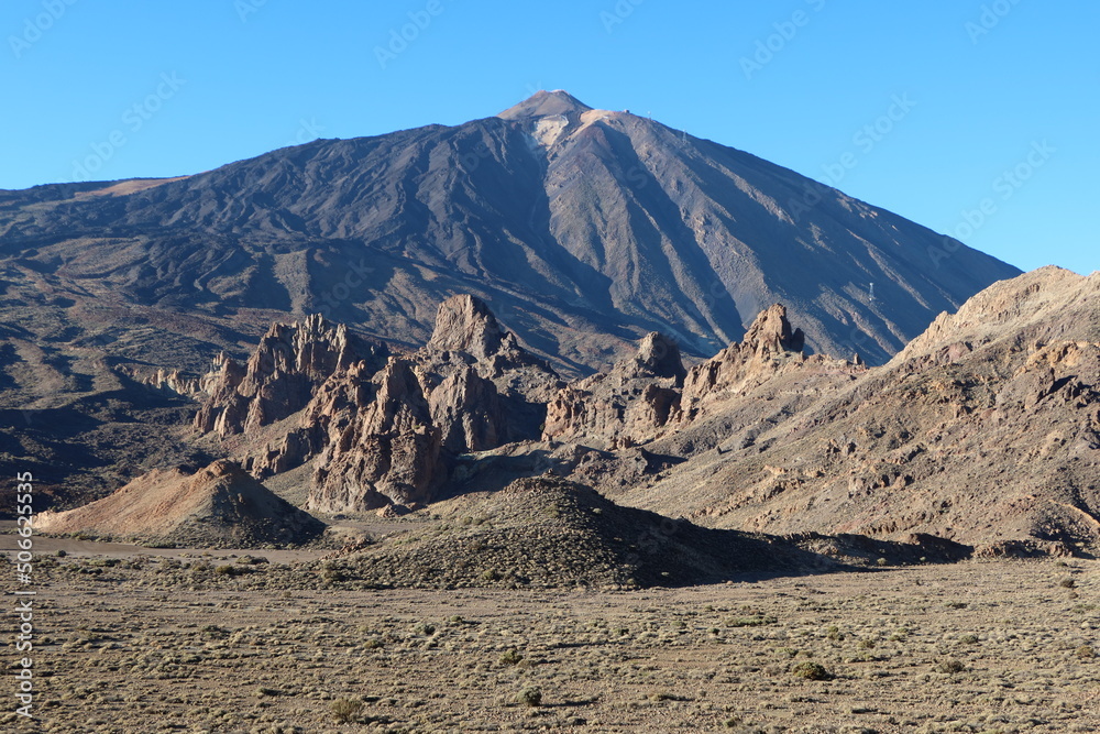 Teide National Park, Santa Cruz de Tenerife, Spain, February 23, 2022: View of the desertic lunar landscape with the Teide volcano in the background